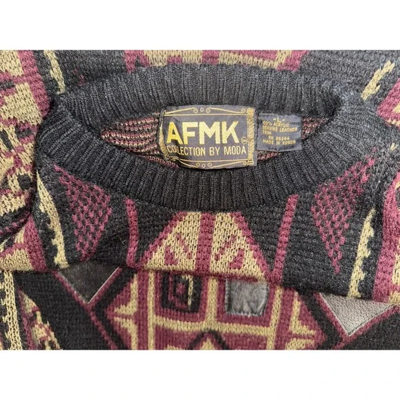 AMFK Co Moda Burgundy Brown Geometric Leather Patch Grandpa Sweater Sz L VTG 80s - Picture 5 of 6